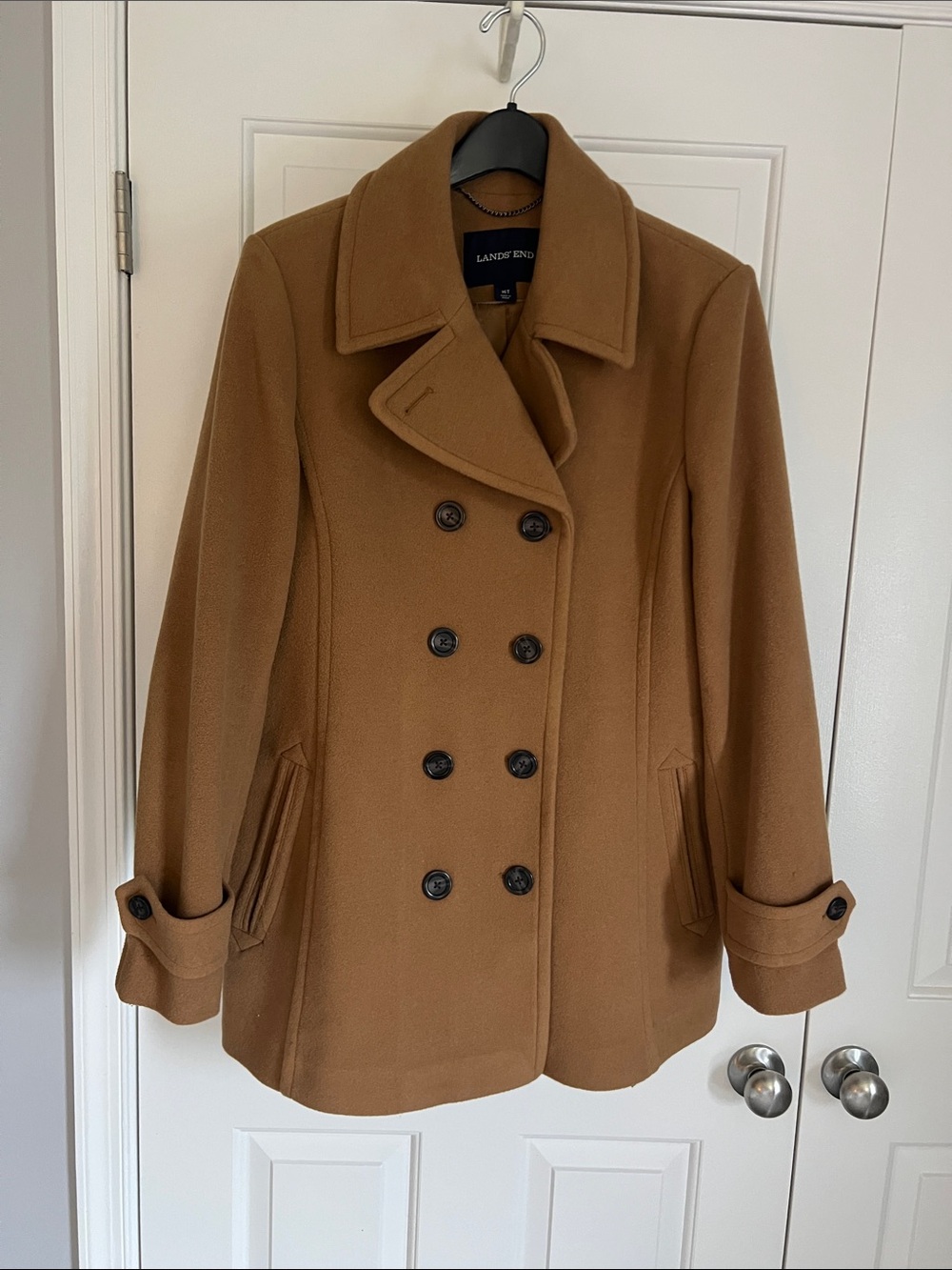 Lands' End Camel Double-Breasted Wool-Blend Peacoat